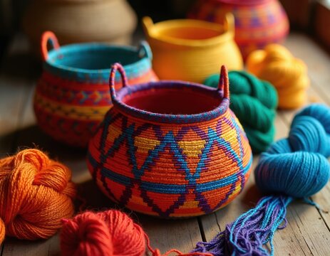 Colorful handwoven Wayuu bags sit on wooden table with yarn. Artisans craft intricate patterns creating unique ethnic textile art. Traditional mochilas for sale.