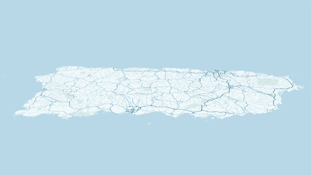 Modern minimalist vector map of Puerto Rico. High-quality scalable illustration of Puerto Rico island, San Juan city grid, El Yunque rainforest, and coastal geography for posters and d