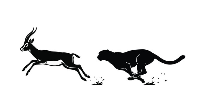 Black silhouette of a cheetah chasing an antelope running fast