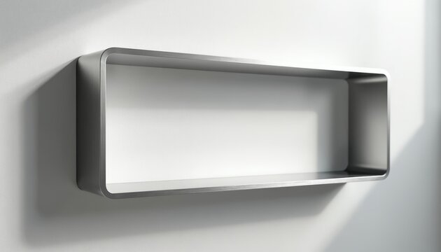 Minimalist silver rectangle shelf mounts on white wall surface. Modern rectangular box, sleek metal interior decor item. Clean architectural design.