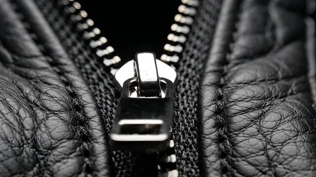 Closeup Macro Shot of a Metal Zipper on Black Leather Fabric.