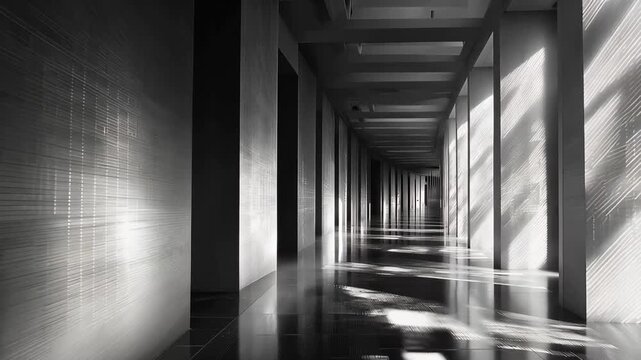 Light and shadow play in a long hallway with a shiny floor and tall columns during daytime in an indoor space