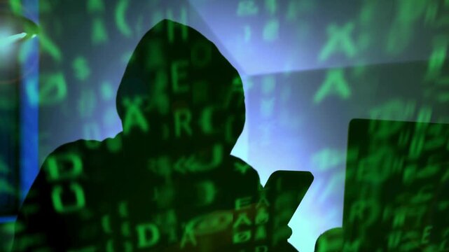 Anonymous Hacker in Hoodie Using Smartphone with Green Binary Code Matrix Overlay