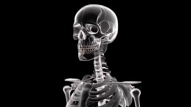Skeleton model shows human bone structure from a side view with focus on the skull and spine in a dark setting