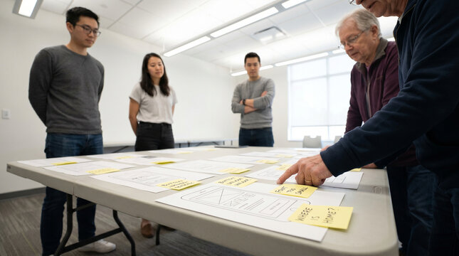 Small product team testing a consumer app prototype with first-time users in a bright community library, sticky notes flagging usability iss 3