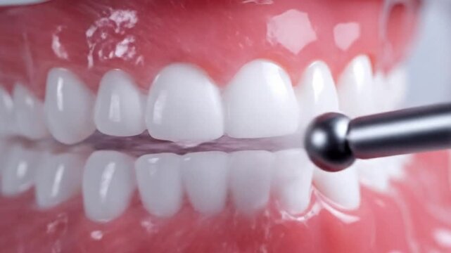 Closeup of a dental model showing teeth with water droplets