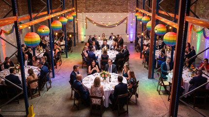 Fototapeta premium Pride Month rainbow-lit warehouse event space converted for a community organization fundraiser dinner, round tables filling the floor typic 3