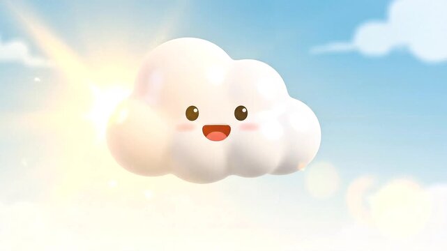 A white cartoon-style cloud with a happy face slowly floats against a bright blue sky with scattered fluffy clouds in the background.