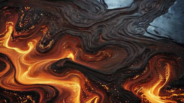Flowing lava pattern with bright orange colors creating waves on a dark background during a volcanic eruption in nature