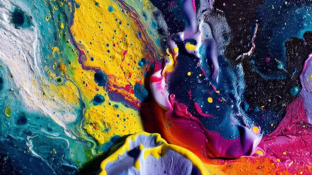 Colorful abstract painting with bright swirls and patterns created using pouring technique on canvas in a studio setting during daytime