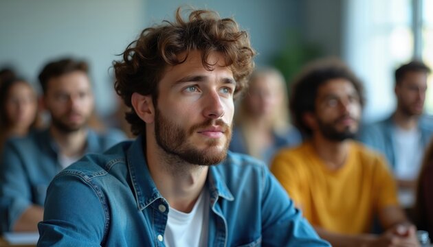 Young man with beard listens attentively in classroom setting. Diverse students learn together indoors. Focused individuals engage in education at school. People attend lecture seminar.