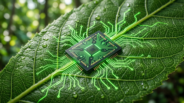 Close-up of Futuristic Microchip Embedded in Green Leaf Representing Green Technology