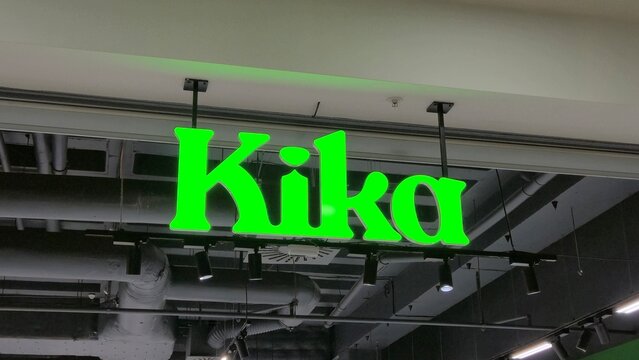 Vilnius Lithuania 18.04.2026 Kika pet store illuminated green logo sign inside modern shopping mall retail and animal care business concept