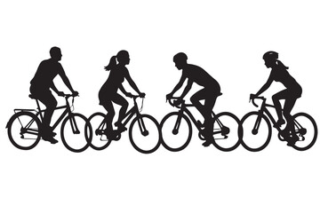 Fototapeta premium Black silhouette illustration of a man and woman riding bicycles together for sport and outdoor exercise fun