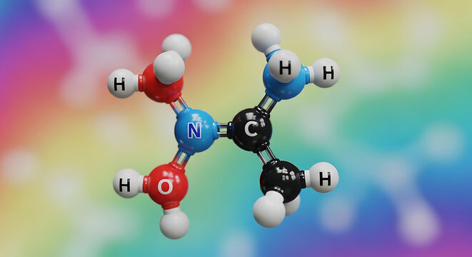 3D Molecular Model of Acetamide on Colorful Blurred Background, Chemistry Science Concept