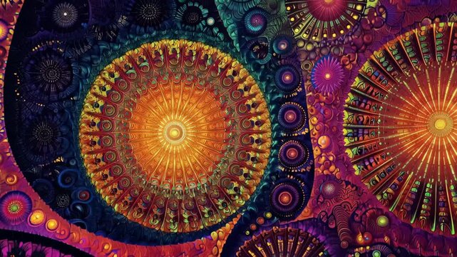 Colorful patterns and circles create a vibrant space filled with various shapes and designs in a digital artwork