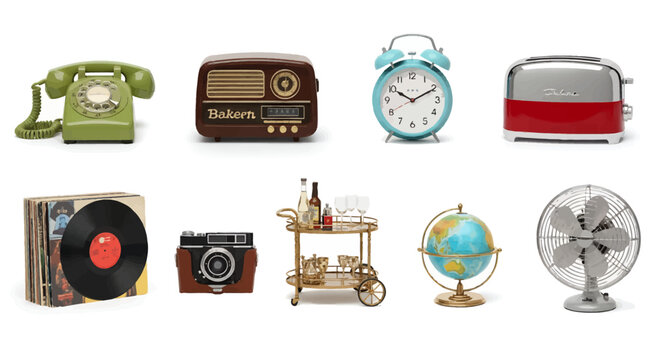 Retro objects collection telephone radio alarm clock toaster vinyl records camera bar globe fan