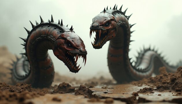 Two mechanical worms with sharp teeth emerge from dirt ground. These monstrous creatures have metallic bodies and spikey backs. They look menacing with open mouths and sharp fangs.