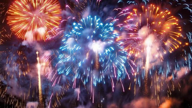 Colorful fireworks display with vibrant explosions lighting up the night sky 4k video