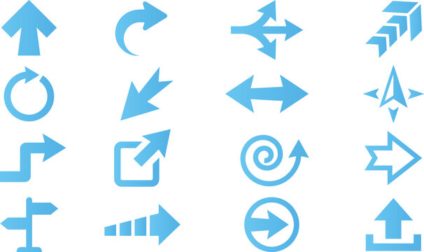 Collection of various directional arrow icons in different styles and shapes on a white background.