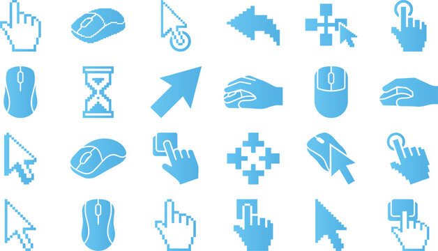 Computer cursor and hand pointer icons set in blue on white background vector.