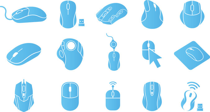 Set of blue computer mouse icons representing various types for gaming and office use.