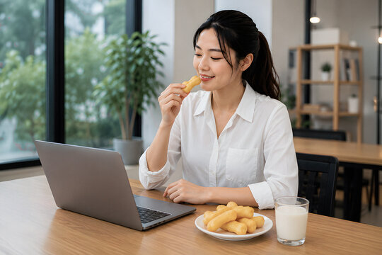 Woman eating Thai fried dough sticks with soy milk