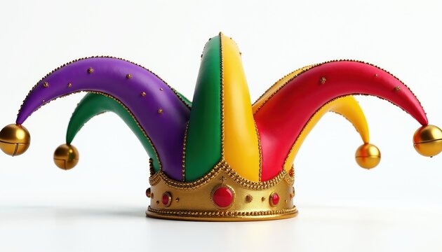 Jester hat with gold bells and gems sits on white background. Colorful fool cap has purple green yellow red points and gold trim. Festive headwear accessory.