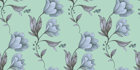 Luxury Hand Drawn White Lily Seamless Pattern with Pink Flowers © Seamless Studio