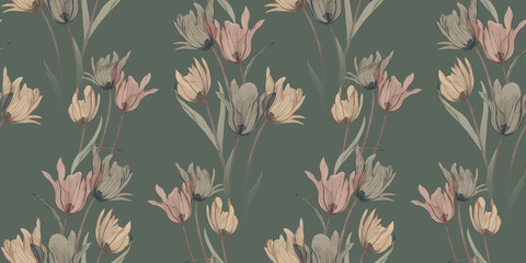 Luxury Hand Drawn White Lily Seamless Pattern with Pink Flowers © Seamless Studio