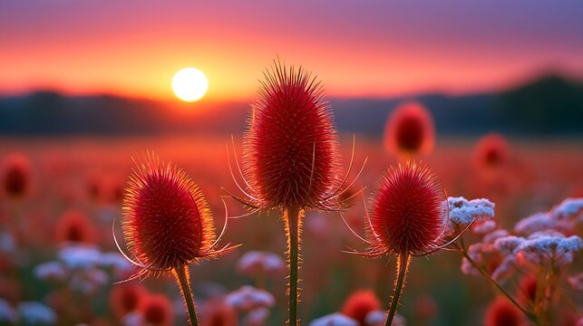 Wild teasel thistle field glowing in the warm light of a sunset