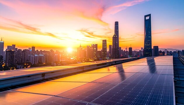 Urban skyline glows at sunset, solar panels harness radiant energy, symbolizing sustainable development, clean power, and the fusion of modern architecture with renewable progress.