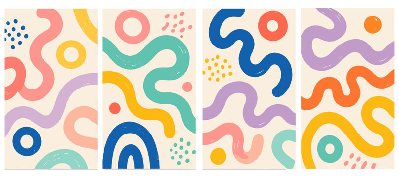 Colorful squiggle brush strokes poster design with funky geometric loop lines, hand drawn organic doodle curves, playful abstract shapes, neon confetti pattern vector illustration