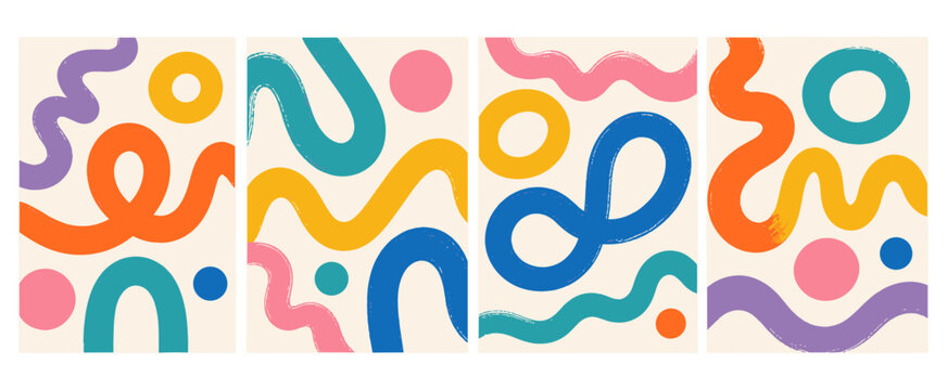 Colorful squiggle brush stroke poster with hand drawn wavy loop lines, playful abstract doodle pattern, organic geometric shapes for social design vector illustration