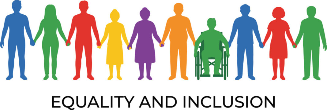 Diverse group of multiethnic people holding hands in colorful silhouettes representing global community unity, social equality, inclusion, and human rights.