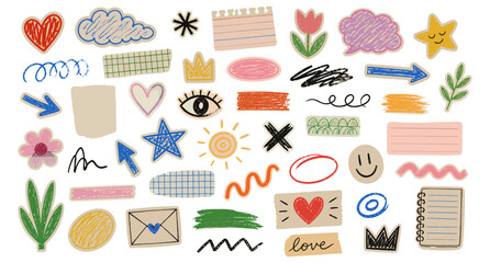 Funky doodle scrapbook collage stickers with crayon scribbles, arrows, crowns, stars and craft paper cutout elements. Hand drawn retro journal shapes and squiggle vector illustration © aura studio