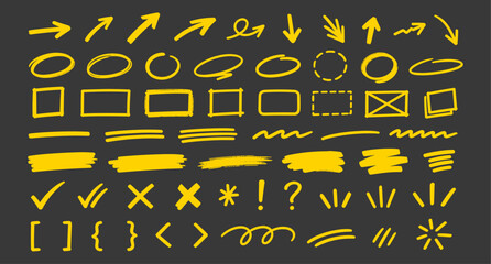 Fototapeta premium Hand drawn yellow highlighter marker set with arrows, circles and bold underline strokes. Text emphasis pen marks for notes, annotation design and creative highlight elements. Vector illustration