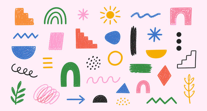 Funky crayon geometric doodle shapes and playful chalk lines. Colorful naive Swiss design pattern with abstract figures, primitive forms, dots, scribbles and retro vector illustration