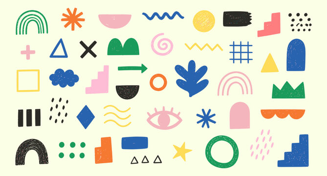 Funky crayon geometric shapes and doodle lines collection. Colorful naive Swiss design aesthetic with playful abstract forms, chalk patterns, primitive figures and vector illustration.