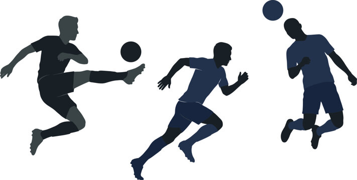 Dynamic soccer player silhouettes performing action shots including high kick running and heading the ball isolated on a white background