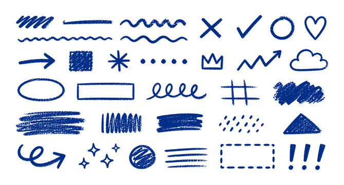 Blue hand drawn crayon doodles, scribble note elements, sketch underline marks, marker arrows, chalk highlights, notebook symbols and playful brush stroke vector illustration