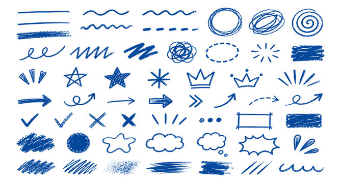 Blue crayon doodles, scribble note elements, hand drawn underline marks, sketch arrows, notebook highlights, rough marker strokes, playful scribble shapes vector illustration