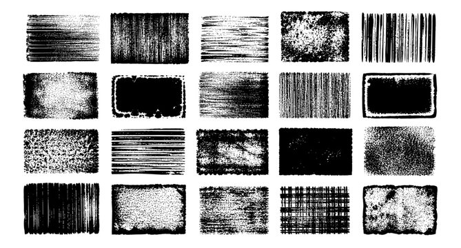 Blue ink roller linocut stamp texture collection with distressed printmaking overlays, grunge letterpress frames, rough xerox edges and handmade abstract stamp backgrounds. Vector illustration.