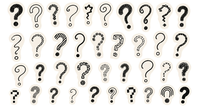 Hand drawn scrapbook question mark symbols with crayon doodles and torn paper collage elements. Checkered notebook punctuation graphics for problem solving vector illustration design.