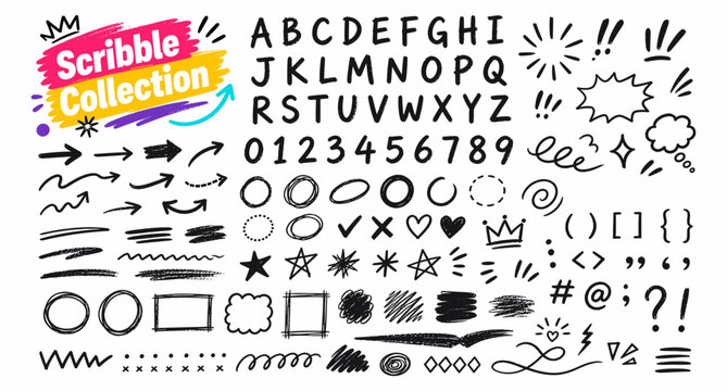 Hand drawn black crayon scribbles and number font set with charcoal doodle arrows, sketch hearts, crown symbols, rough brush marks and playful handwritten emphasis elements. Vector illustration.