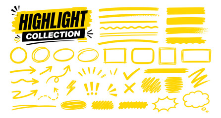 Hand drawn yellow highlighter marks with bold marker strokes, text underline lines, arrows, circles and rectangle frames for notes, planners and graphic design. Vector illustration © aura studio