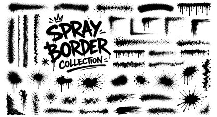 Urban graffiti spray paint borders and stencil ink splashes, rough paint blot frames, abstract street drips, distressed splatter textures, grunge spray effect background elements vector illustration © aura studio