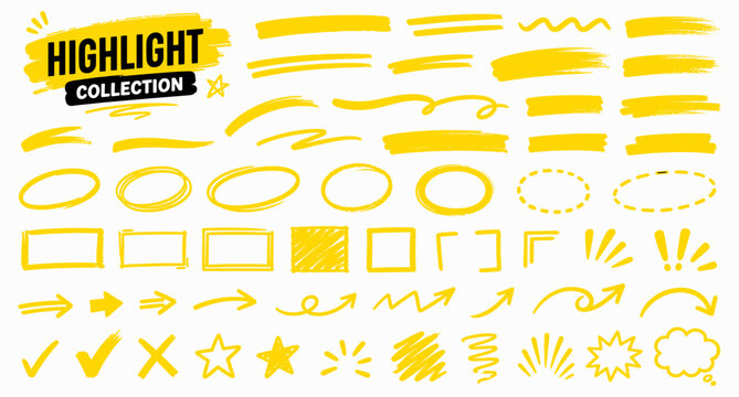 Yellow marker highlight strokes and underline elements for text emphasis, hand drawn arrows, oval frames, rectangle marks and bold annotation doodles. Vector illustration