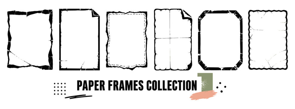 Vintage torn paper borders and folded frame overlays with wrinkled square textures, distressed rectangle mockup edges, rough poster cover elements and dirty paper vector
