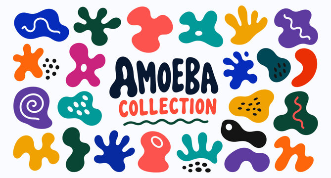 Colorful organic blob shapes collection with abstract liquid amoeba forms, playful fluid geometric elements, funky cartoon splashes and groovy irregular stickers. Vector illustration